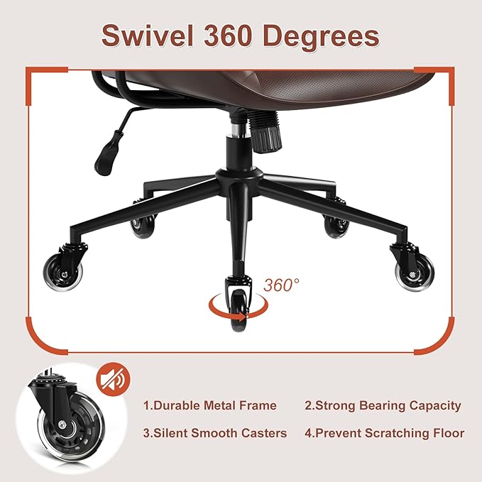 BFZ Home Office Desk Chair, Adjustable Comfy Desk Chair with Wheels, Comfortable Ergonomic Office Chair, Criss Cross Office Desk Chair with Back for Vanity,Home Office or Workspace, Dark Brown Leather