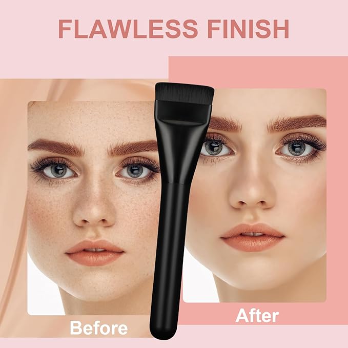 Flat Foundation Brush with Puff, Beautyfactor Ultral Thin Spatula Makeup Brush with Sponge for Liquid Makeup | Fast Flawless Korean Kabuki Brushes for Blending, Liquid, Cream, Blush, Buffing（Black）