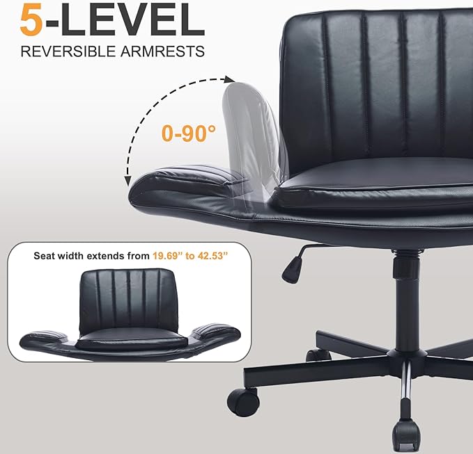 PU Leather Criss Cross Office Chair with Armrests & Wheels, 5-Gear Flip Up Arms Comfy Desk Chair for Women, Height Tilt Adjustable Swivel Chair for Home Office, Make Up, Bed Room and Living Room