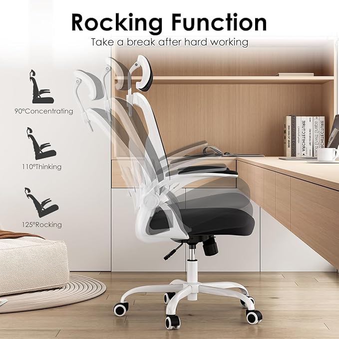 Farini Ergonomic Office Chair, Home Office Desk Chair with Headrest, High Back Swivel Computer Chair with Armrests and Adjustable Lumbar Support for Home Office Study Room, White & Black