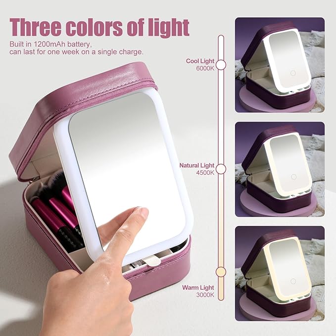 BS-MALL Makeup Brushes Set 14 Pcs with LED Light Mirror – Premium Cosmetic Tools for Flawless Beauty Routines (Purple)