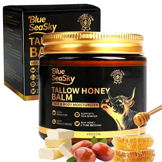 Organic Beef Tallow for Skin Grass-Fed Tallow Balm with Raw Wild & Honey Tallow Moisturizer for Eczema & Rosacea，Non-Comedogenic,Beef Tallow for Face Dry Sensitive Skin,4oz-Unscented