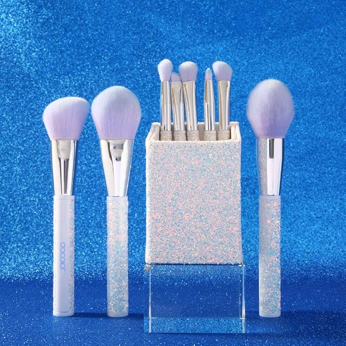 docolor 8PCS Glitter Makeup Brushes with Holder, Make Up Brush Set for Foundation Contour Blush Eyeshadow Eyebrow Bronzer Blending, Soft Synthetic Bristles (White)