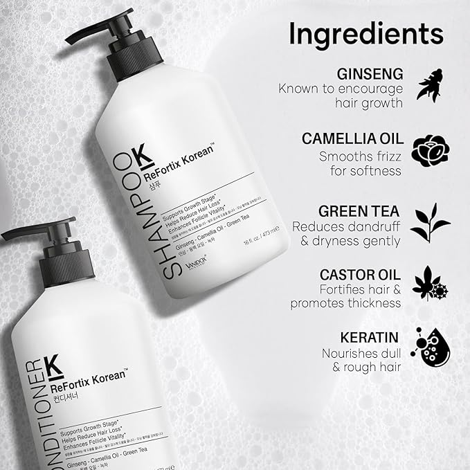 ReFortix Korean Shampoo and Conditioner Set, Enriched with Ginseng, Green Tea, and Camellia Oil, Supports Growth Stage and Helps Reduce Hair Loss for Stronger Hair (16 fl oz each)