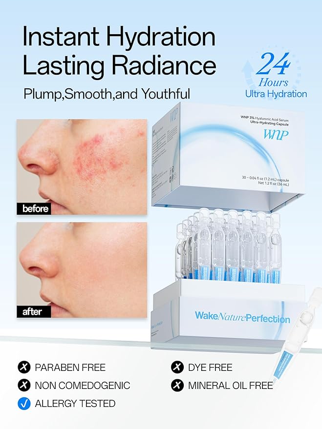 WNP Hyaluronic Acid Serum 3% for Face with 4D Multi-Layer Hydration | Ultra Hydrating Anti-Aging Serum | Moisturizer for Dry & Sensitive Skin | Pre-Makeup Skincare | Single-Use Vials 30PCS