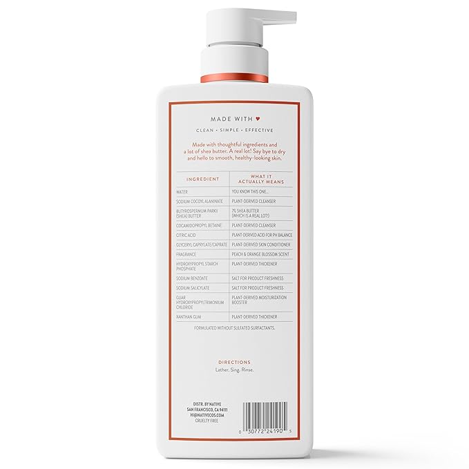Native Moisturizing Body Wash, Peach & Orange Blossom, 24-Hour Hydration for Dry & Sensitive Skin, Made with Real Shea Butter, Sulfate & Paraben Free, 22 oz