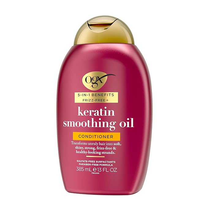 OGX Frizz-Free + Keratin Smoothing Oil Conditioner, 5 in 1, for Frizzy Hair, Shiny Hair, 13 Fl Oz