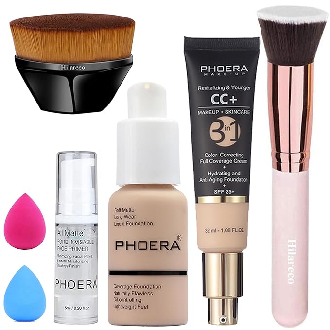 Hilareco PHOERA Foundation, CC Cream Foundation Color Correcting Anti Aging Hydrating Serum & SPF 25+, Primer, Makeup Foundation, Makeup Brushes (102 Nude + 100 Porcelain)