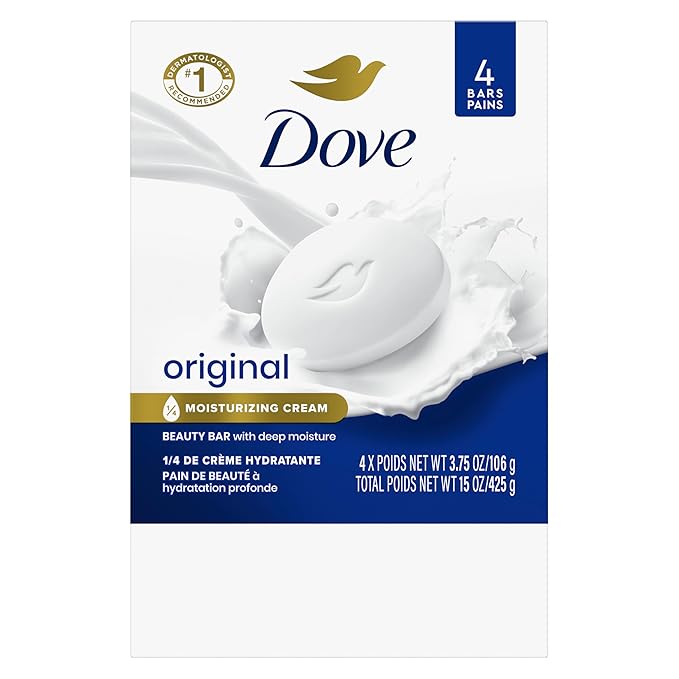 Dove Beauty Bar Gentle Skin Cleanser Moisturizing for Gentle Soft Skin Care Original Made With 1/4 Moisturizing Cream 3.75 oz, 4 Bars