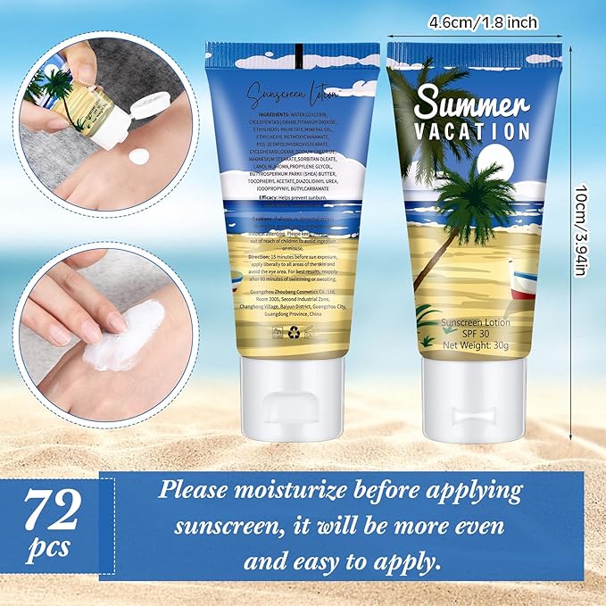 72 Pcs Mini Sunscreen Bulk for Summer Party Wedding SPF 30 Water Resistant Sunscreen Lotion Bulk 1oz Travel Size for Thank You Gifts Wedding Party Supplies (Summer Vacation)