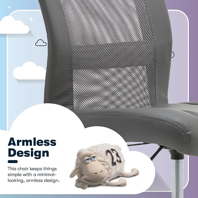 Serta Essential Armless TaskChair, Small Desk Chairs with Wheels, Breathable Mesh Back and Faux Leather, Quality Foam Cushion Seat for Comfort, Minimal Design for Vanity Table, Gray
