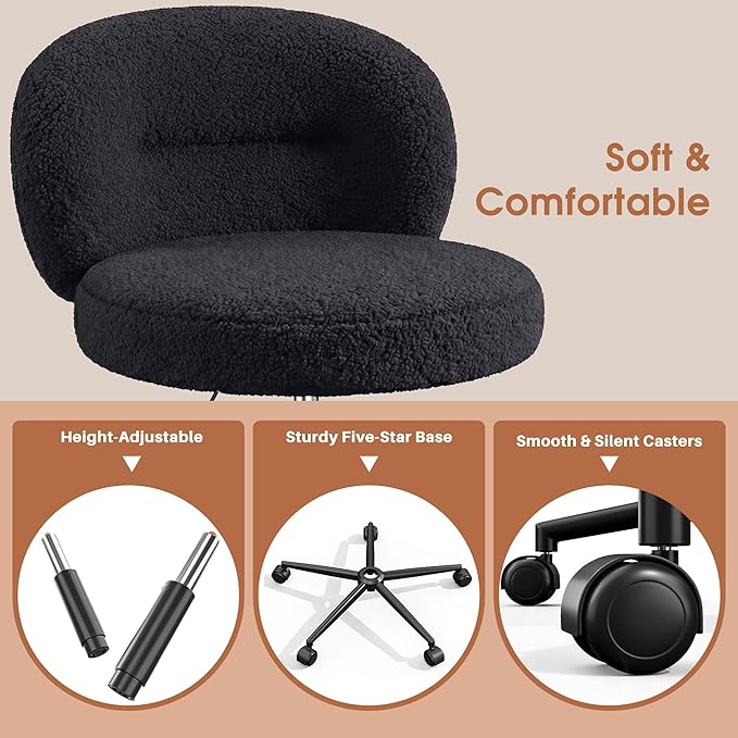 Small Round Desk Chair, Armless Vanity Chair with Wheels, Height Adjustable & 360° Swivel, Cute Comfy Vanity Computer Chair for Bedroom, Home Office, Black