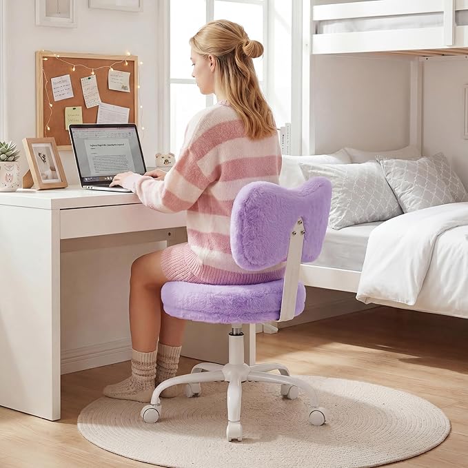 Vanity Chair with Wheels, Cute Desk Chair with Bow Backrest, Fluffy Faux Rabbit Fur Small Office Chair for Vanity, Make-up Room, Bedroom, Dorm, Height Adjustable, Purple