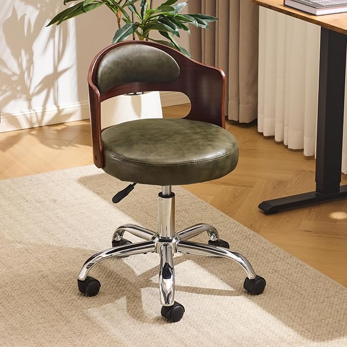 VINGLI Armless Home Office Desk Chair, Adjustable Swivel Chair,Dual-Use with/no Wheels,Small Retro Designed Walnut Curved Task Chair,Cushioned Nail Tech Chair for Study Area,Workspace,PU,Olive Green