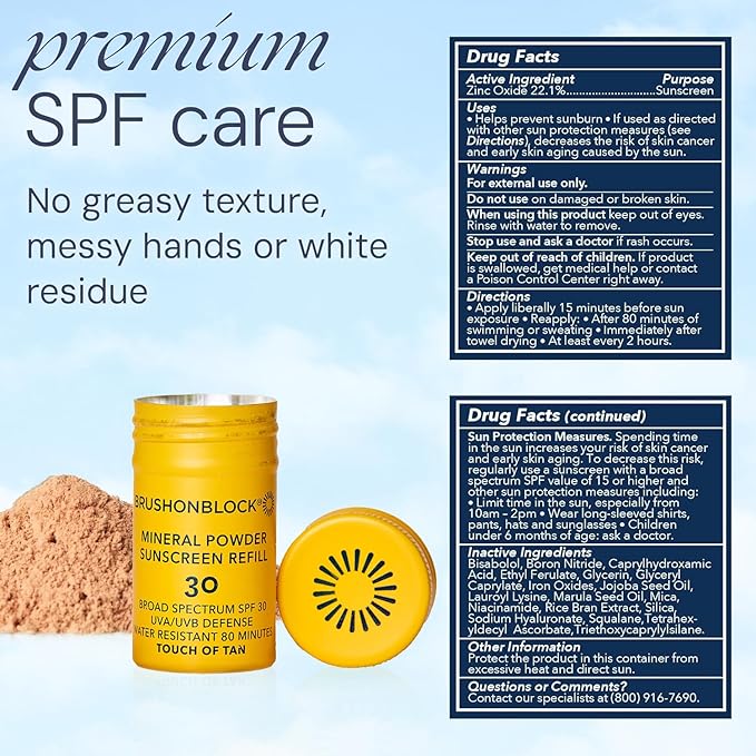 Brush On Block SPF 30 Mineral Powder Sunscreen Refill New Formula, With Niacinamide, Hyaluronic Acid, & Vitamin C, Broad Spectrum, Water Resistant, Reef Friendly (Touch of Tan Refill)