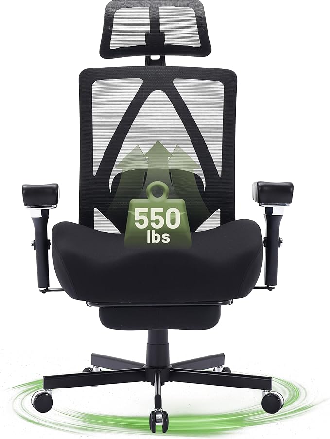Big and Tall Office Chair 550lbs, Ergonomic Desk Chair with W Thick Cushion&4D Armrest, Executive Mesh Desk Chair with Adjustable Lumbar,2D Headrest,Footrest, Swivel Task Chairs for Home Office Gaming