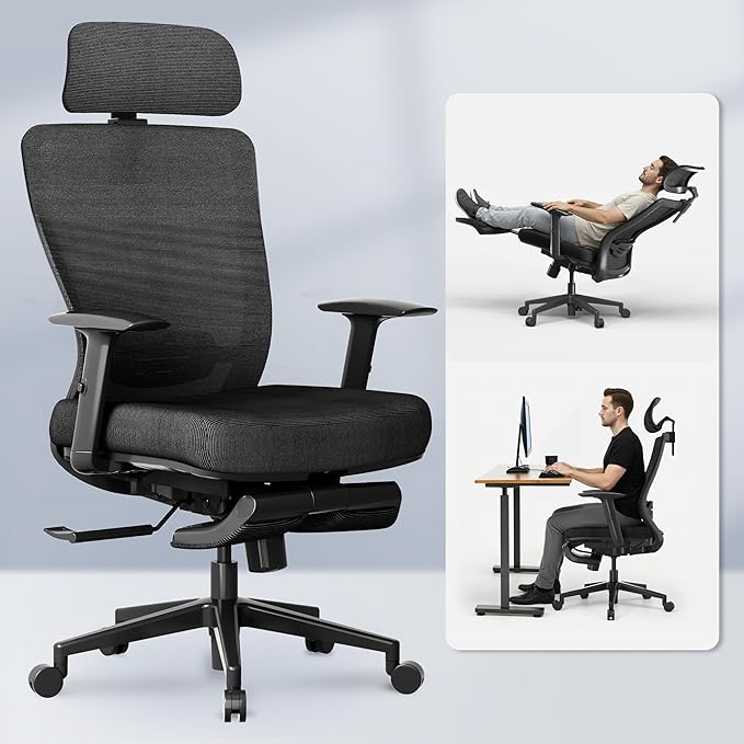 FLEXISPOT OC3 Cloud Ergonomic Office Chair with Footrest, High Back Computer Chair with Adjustable Lumbar Support/2D Headrest, Desk Chairs for Home Office Gaming Working, Black,Foam Seat,Cloud-F