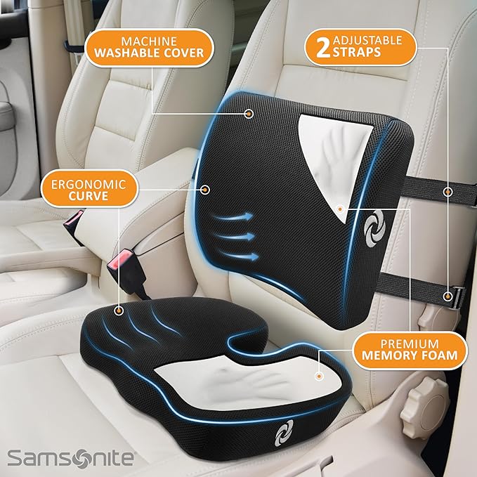 SAMSONITE – 2 in 1 – Lumbar Support and Seat Cushion, High Grade Motion Balanced Memory Foam, Fits Most Office Chairs and Car Seats, Elevate Your Work & Life and Enhances Focus Throughout Your Day…