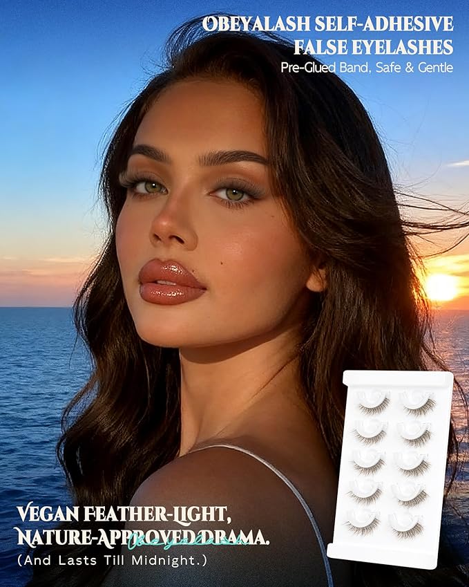 Obeyalash Waterproof Brown Self Adhesive Eyelashes,Cateye 12mm,5 Pairs Stick on False Eyelashes,Pre Glued Lashes, No Glue Needed,Wispy Glueless Lashes Reusable Self Adhesive False Eyelashes(Brown 871)