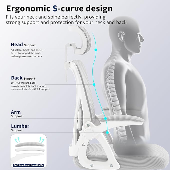 Office Chair,Ergonomic Desk Chair with Adjustable Lumbar Support,Gray Office Chair 400 Lbs Mesh Computer Chair High Back with Headrest for Home Office (Grey)