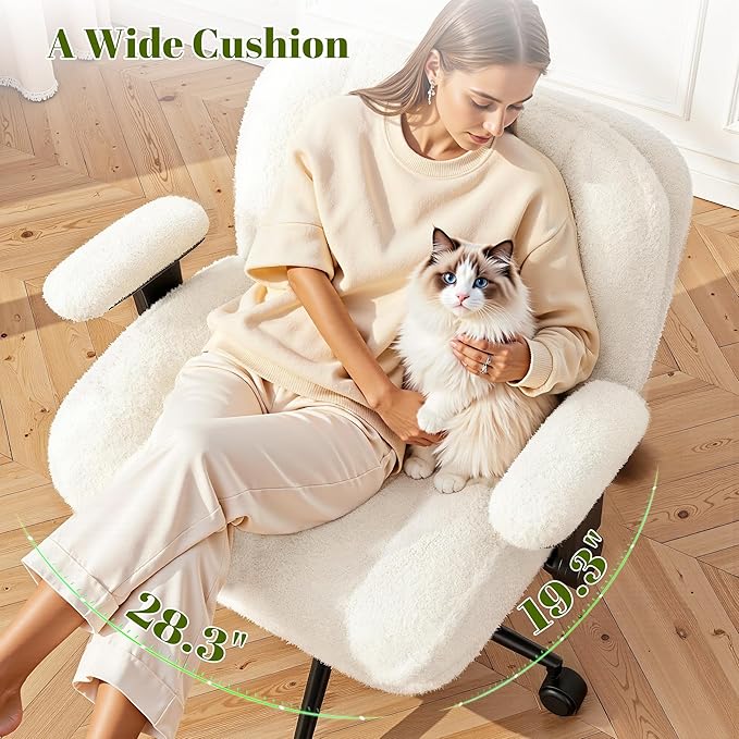 Cross Legged Office Chair with Flip-Up Arms,Oversized Criss Cross Chair with Wheels,Wide & Extra-Deep Seat Thickened for Home Office,Vanity, Bedroom,Apartment Dorms,Plush Cushion,Comfy,White