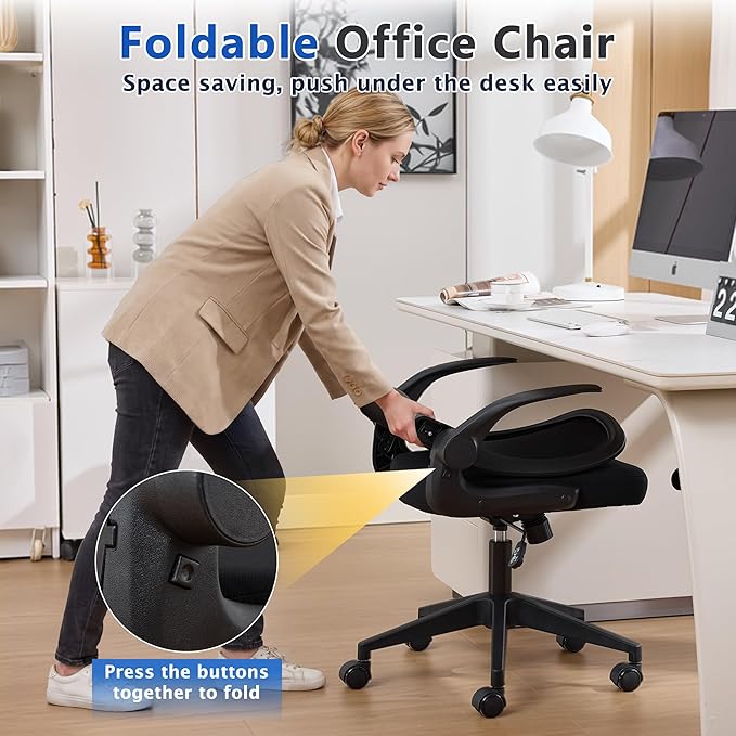 IPKIG Foldable Office Chair for Small Spaces | Home Office Folding Desk Chairs with Wheels and Flip Up Arms | Ergonomic Mesh Computer Chair for Adults & Kids Black