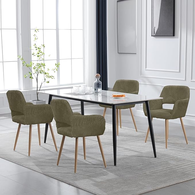 KCC Small Modern Dining Room Arm Chairs 1 Piece, Mid-Century Upholstered Corduroy Fabric Side Seat Club Guest with Metal Tube Legs for Kitchen, Living Room, Green