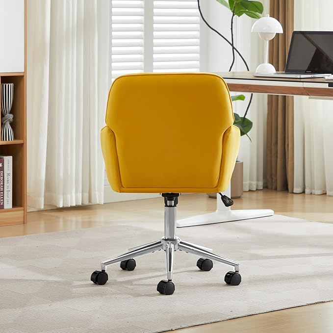 Velvet Home Office Desk Chair, Modern Cute Computer Task Chair with Back, Height Adjustable Upholstered Vanity Chair with Swivel Wheels for Women, Girls (Silver Base, Lemon Yellow
