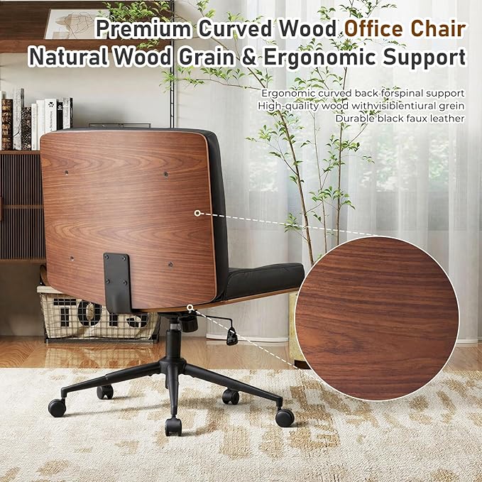 Furnimart Heavy-Duty Curved FSC Wood Desk Chair 360° Swivel, Faux Leather Criss Cross Chair with Wheels Wide Seat, Comfy Armless Cross Legged Sitting for Bedroom, Office, Vanity (PU Black)
