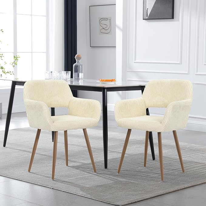 KCC Small Modern Dining Room Arm Chairs Set of 4, Mid-Century Upholstered Corduroy Fabric Side Seat Club Guest with Metal Tube Legs for Kitchen, Living Room, Beige