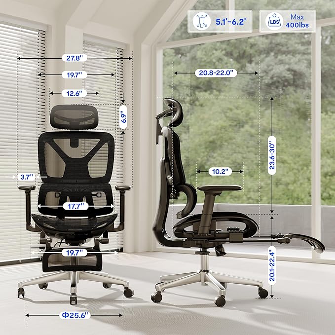 FLEXISPOT ErgoX Premium Ergonomic Office Chair with Footrest- Adjustable 3D Armrests, Dynamic Lumbar Support, Recline & Tilt Function, Mesh Seat, for Home & Office Use,Black