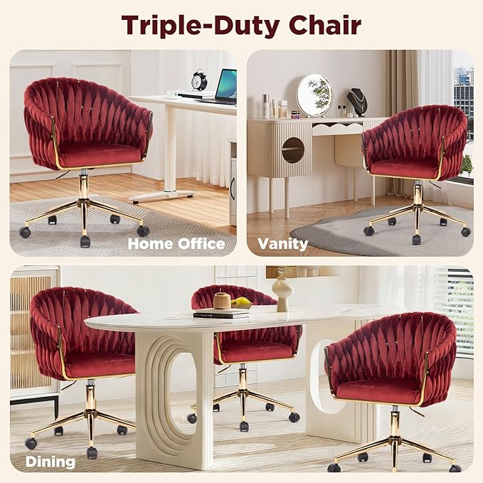 Velvet Office Chair, Vanity Chairs with Wheels, 360° Swivel Velvet Home Office Desk Chair, Accent Chair Makeup Vanity Chair for Bedroom, Living Room(Red)