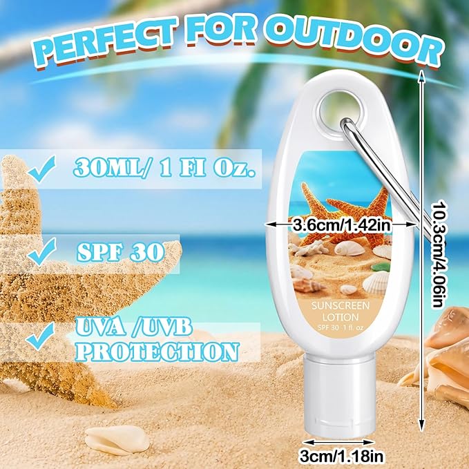 Leelosp 30 Pcs Mini Sunscreen with Carabiner Bulk Travel Size 1 Fl. oz. Spf 30 Water Resistant Mini Sunblock Lotion Keychain Summer Beach Vacation Gift for Wedding Guest Bridal Shower Party Favor