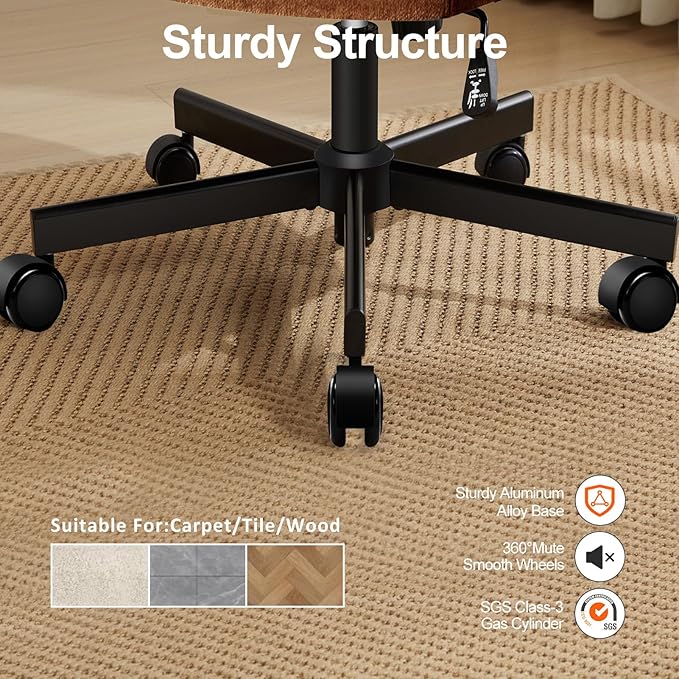 Criss Cross Chair with Wheels,Thick Padded Fabric Cross Legged Office Desk Chair with Pocket Spring Cushion,Dual-Purpose Base,Wide Adjustable Computer Home Office Vanity Chair,Brown
