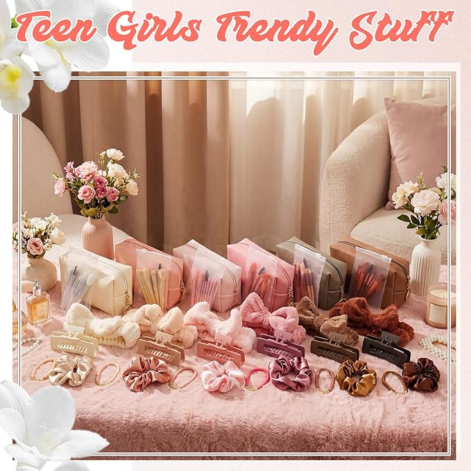 Zeyune 36 Pcs Gifts Sets Bulk for Tween Teen Women Preppy Party Favors Set Preppy Makeup Bag Hair Pin Scrunchies Headbands Bracelets Trendy Stuff Gift for Women Friend Birthday Present(Pink Series)
