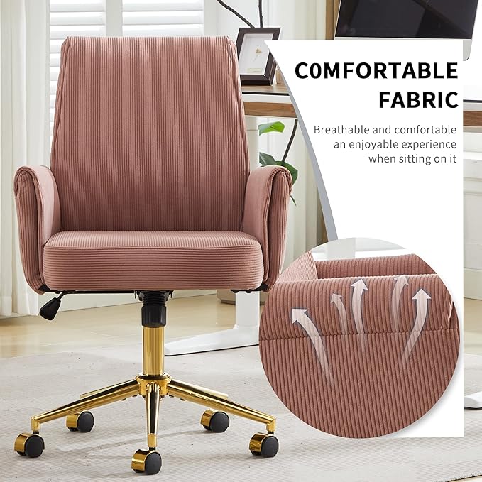 Striped Velvet Office Chair, 360° Swivel Ergonomic Task Chair with High Back, Gold Base and Wheels, Height Adjustable Modern Accent Chair for Home Office, Living Room, Study, Vanity (Dark Pink)