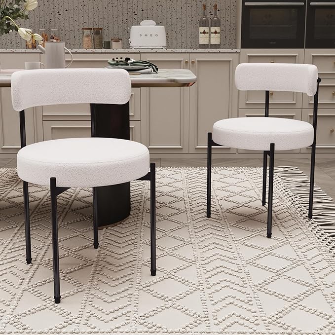 Boucle Dining Chairs Set of 2 Teddy Upholstered Dining Room Chairs Kitchen Chairs with Metal Legs Mid Century Modern Chair for Dining Room, Kitchen (Black Frame+White, 2)