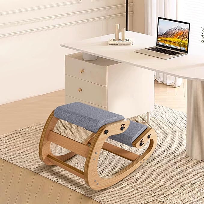 Ergonomic Kneeling Chair with Wooden Frame - Adjustable Height Office Chair with Soft Padding for Back Pain Relief, Posture Correcting Home & Office Desk Chair Wood