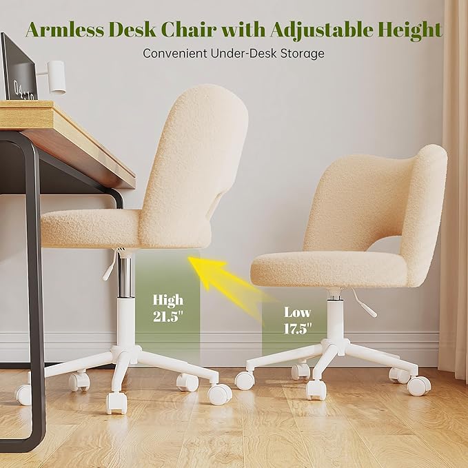 Vanity Chair with Wheels Armless, Cute Vanity Chair with Back,Ultra-Plush Fleece Cute Desk Chair, Small Office Chair Height Adjustable,for Make-up Room,Bedroom,Off-White