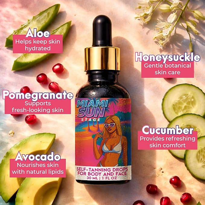 Miami Sun Stage Self Tanning Drops Face & Body - Light to Medium Tan - For Light Pale Skin Type 1-2 - Hydrating Sunless Tanner with Aloe & Cucumber - Vegan Cruelty Free Gradual Bronzer - 1 fl oz