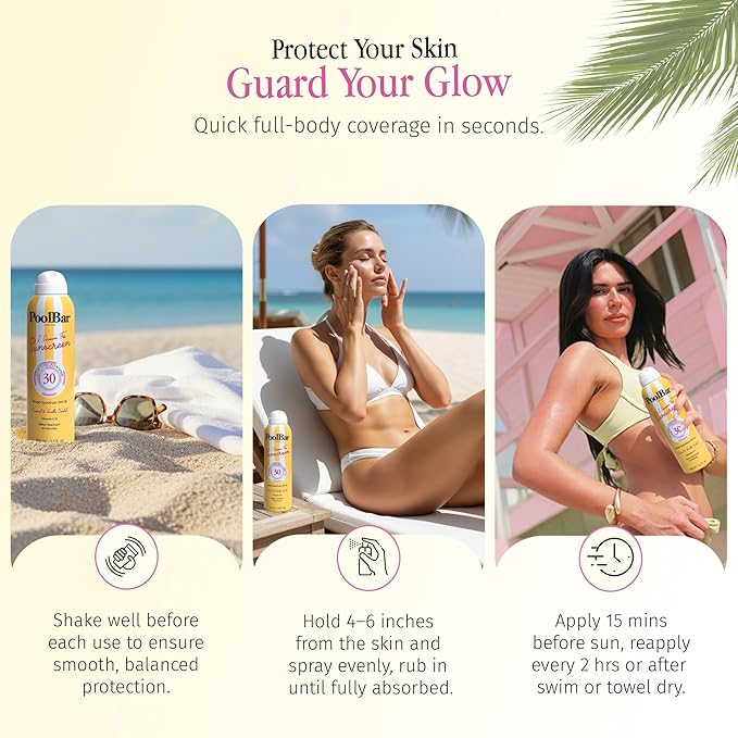 PoolBar SPF 30 Clear Sunscreen Spray – Broad Spectrum UVA/UVB Sun Protection Spray, Lightweight Non-Greasy Formula with Vitamins C and E – Reef Safe, Vegan, Cruelty-Free, Coconut Vanilla Scent