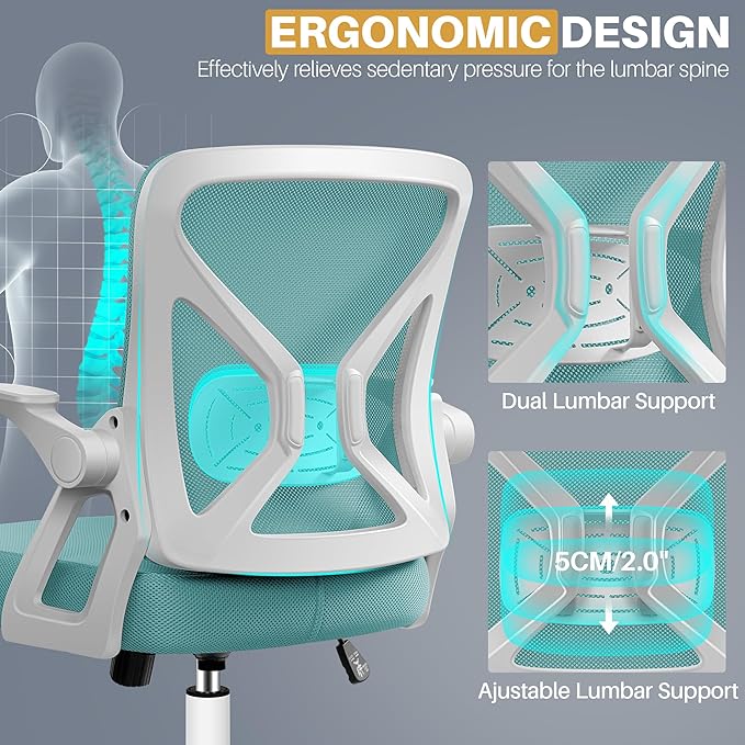FelixKing Office Chair - Ergonomic Desk Chair Breathable Mesh Task with Wheels and Lumbar Support Home Desk Office Chairs with Flip up Armrest Rolling Swivel for Home Computer Blue