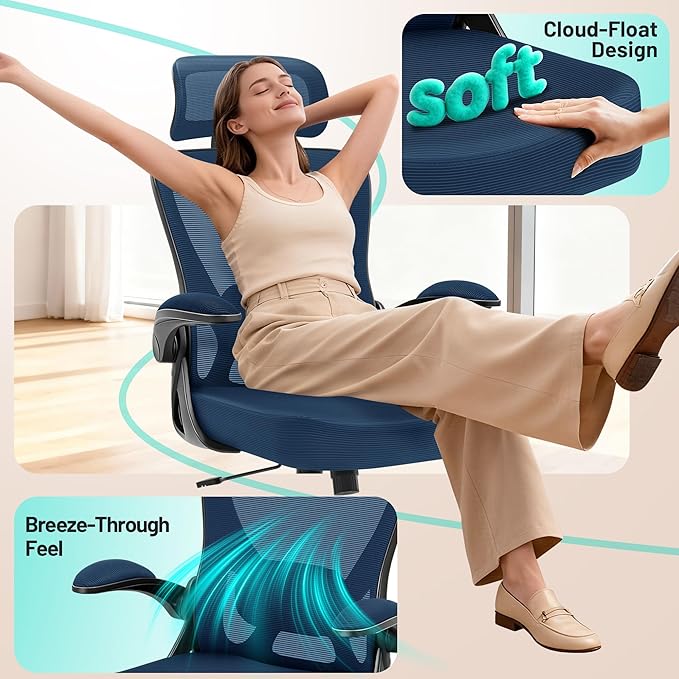AreShark Office Chair - Ergonomic Desk Chair Breathable Mesh Chair with 2D Headrest & Adjustable Lumbar Support - Executive High Back Rolling Swivel Computer Gaming Chair with Wheels Flip-up Armrests