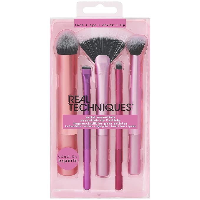Real Techniques Artist Essentials Makeup Brush Set, For Foundation, Blush, Highlighter, Eyeshadow, & Liner, Professional Makeup Tools, Synthetic Bristles, Vegan & Cruelty-Free, 5 Piece Set