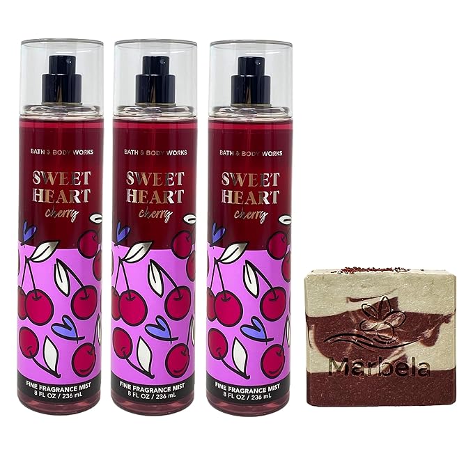 Bath & Body Works Sweetheart Cherry 3 Pack Fine Fragrance Mist Bundle with a Cherry On Top Bar Soap - Full Size