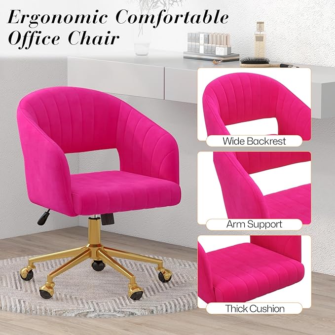 Home Office Swivel Desk Chair, Modern Velvet Vanity Chair, Height Adjustable Armchair with Gold Base, Ergonomic Office Chair for Task Study Computer Room, Hot Pink