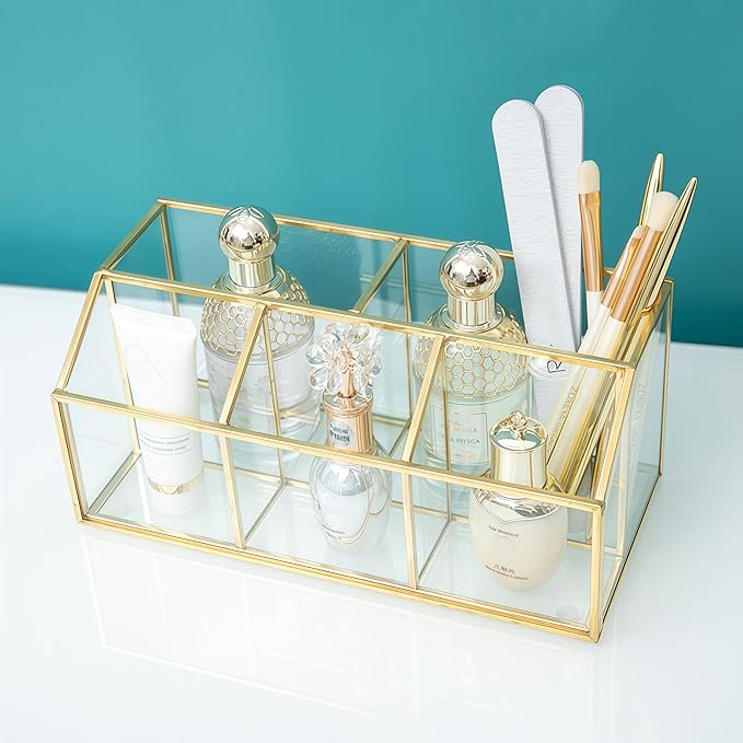 JIARI Gold 5-Compartment Desktop Organizer, Transparent Glass Makeup Brush Holder, 9.05x4.33x3.93 Inches Storage for Home Office and School Items (Gold-5 Slot)