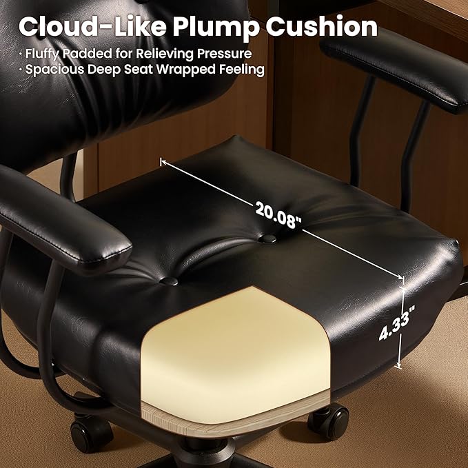 ovios Ergonomic Office Chair, Mid Back Faux Leather Executive Chairs with Thick Cushion, Comfy Mid-Century Modern Swivel Rolling Computer Armchair (Black, PU Leather)