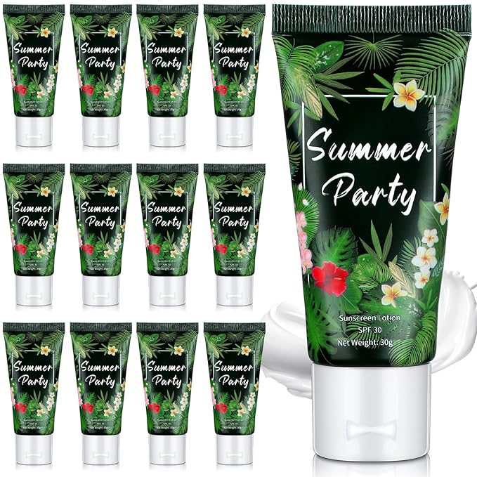 12 Pcs Mini Sunscreen Bulk for Summer Travel Size Spf 30 Water Resistant Sunscreen Lotion Bulk for Thank You Gifts Hawaiian Wedding Bridal Party Favors for Pool Wedding(Tropical)