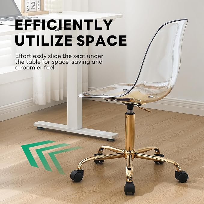 Lessmore Clear Acrylic Desk Chair, Modern Small Acrylic Home Office Chairs with Wheels, Armless Swivel Vanity Rolling Chair for Office, Home (Gold)